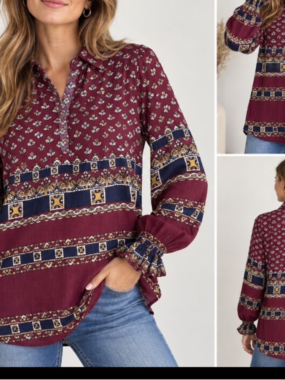 Free People Burgundy and Navy Printed Peasant Tunic